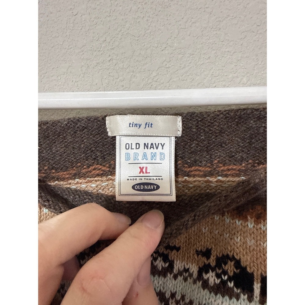 VTG Y2K Old Navy Off the Shoulder Brown Fair Isle Sweater Women's XL Cotton/Wool - Picture 3 of 6